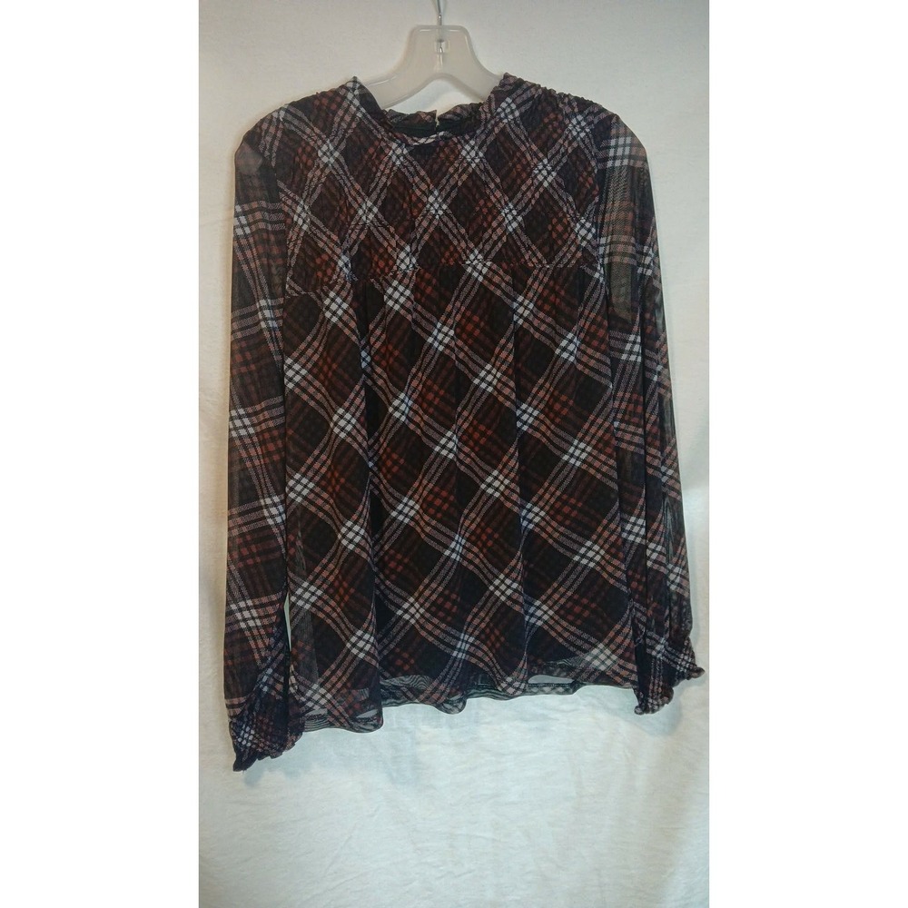 Maurices Womens Plaid Mesh Mock Neck Blouse Smocked Long Sleeve Top Burgundy L